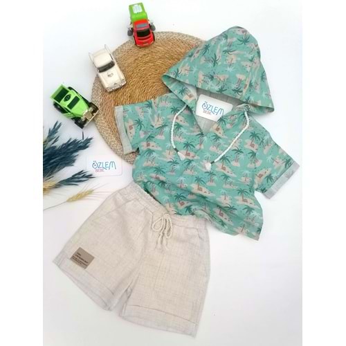 Palmiye Desen Kapüşon Gömlek&Şortlu Keten 2'li Tk
