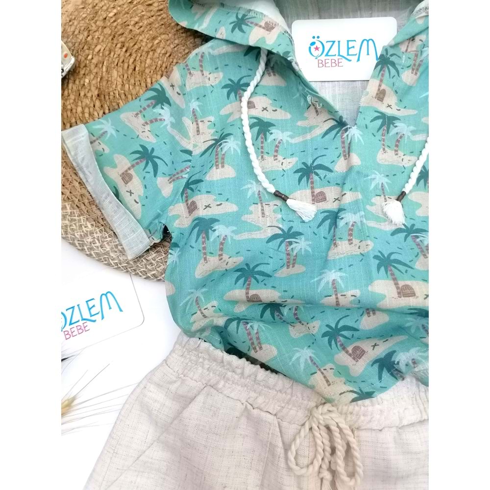 Palmiye Desen Kapüşon Gömlek&Şortlu Keten 2'li Tk