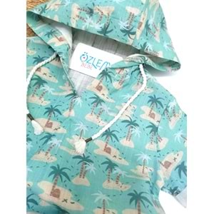 Palmiye Desen Kapüşon Gömlek&Şortlu Keten 2'li Tk