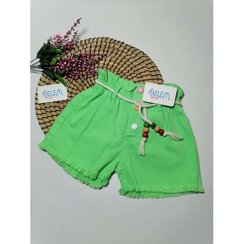 Renkli Düğmeli Belden Lastik Püsküllü Kız Şort