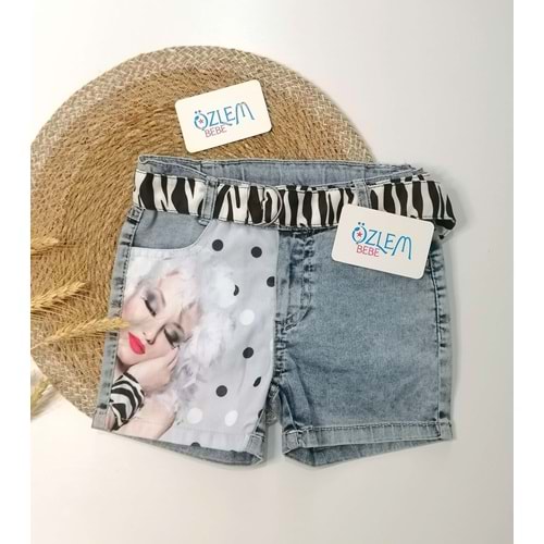 Resimli Denim Kız Şortu