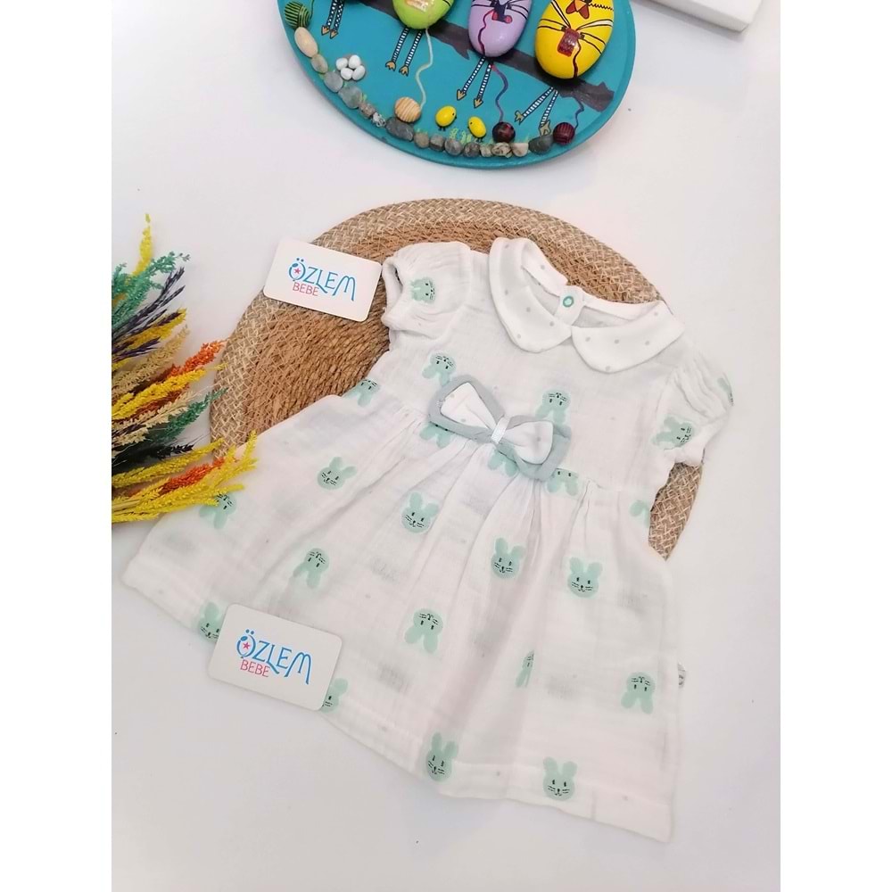 Bebe Yaka Tavşan Nakış Müslin Elbise