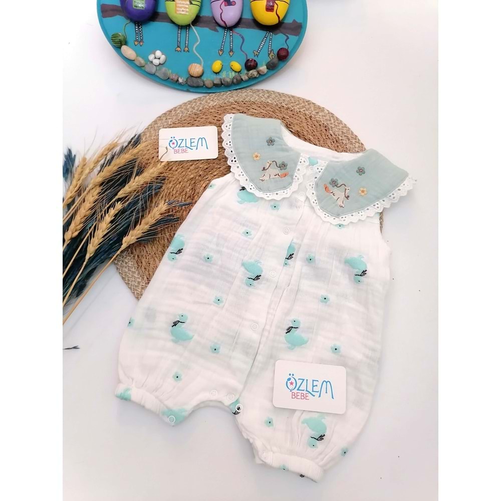 Yakası Fistolu Kaz Nakışlı Müslin Tulum