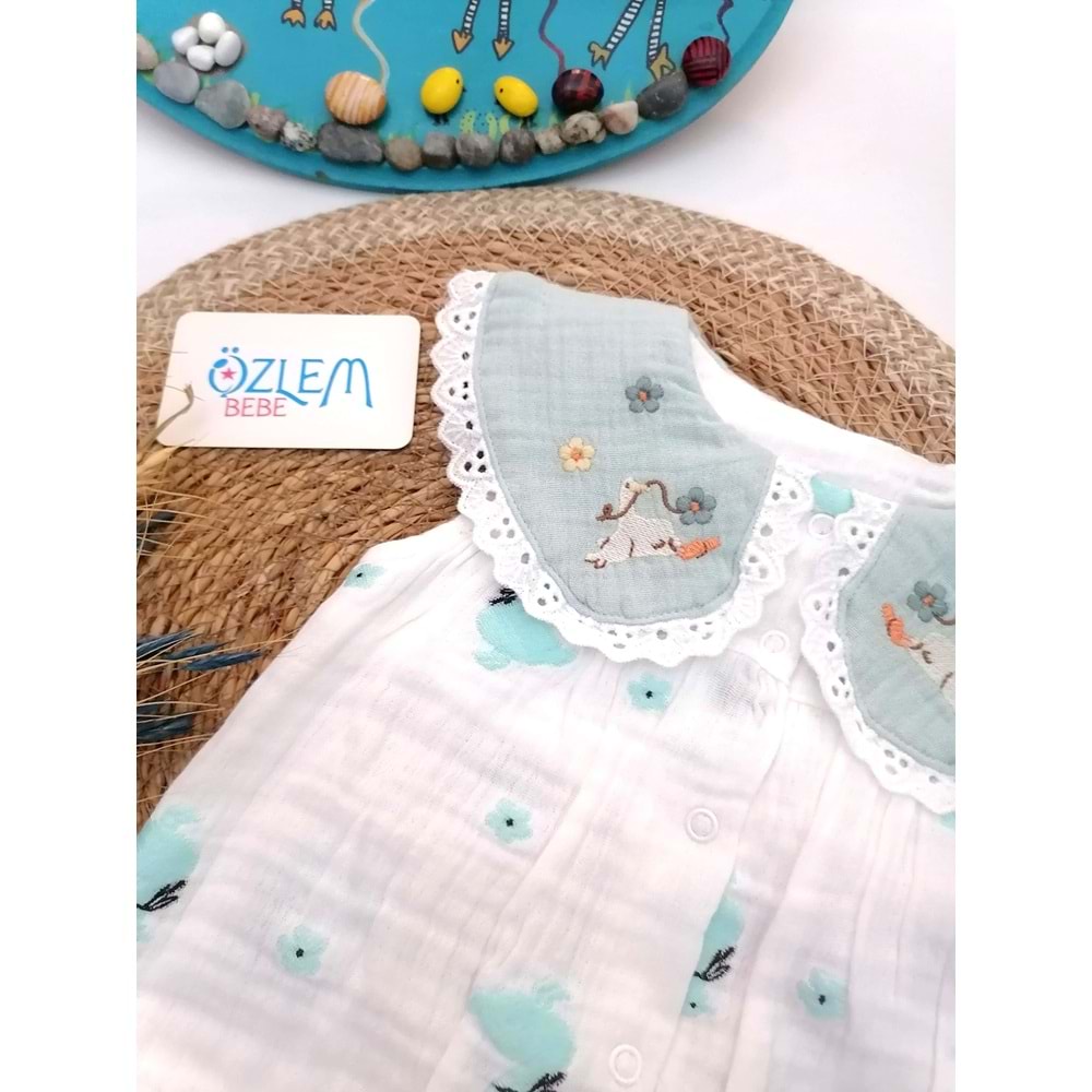 Yakası Fistolu Kaz Nakışlı Müslin Tulum