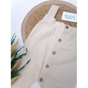 Çizgili Yakası Büzgü Keten Salopet