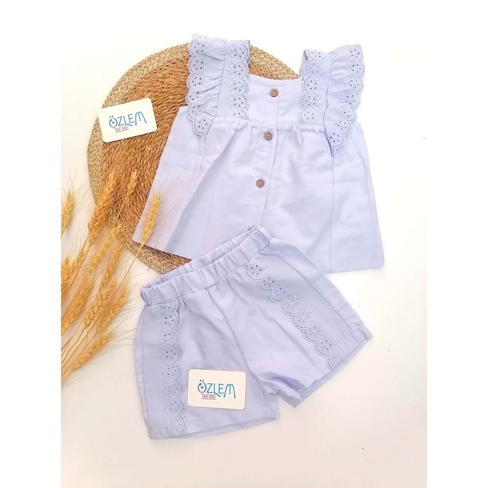 Güpürlü Fırfır Yaka Kolsuz Gömlek&Şort 2'li Takım