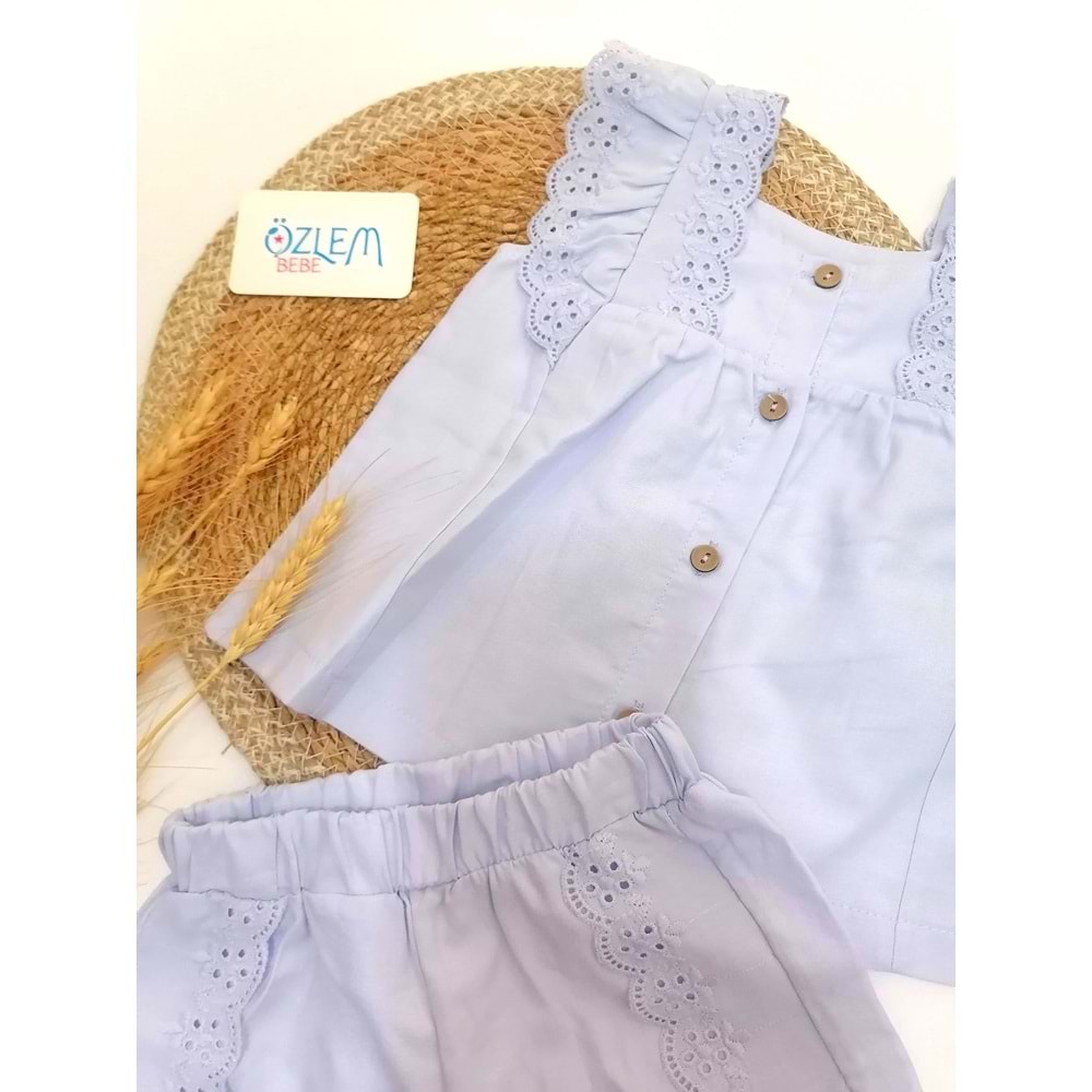 Güpürlü Fırfır Yaka Kolsuz Gömlek&Şort 2'li Takım