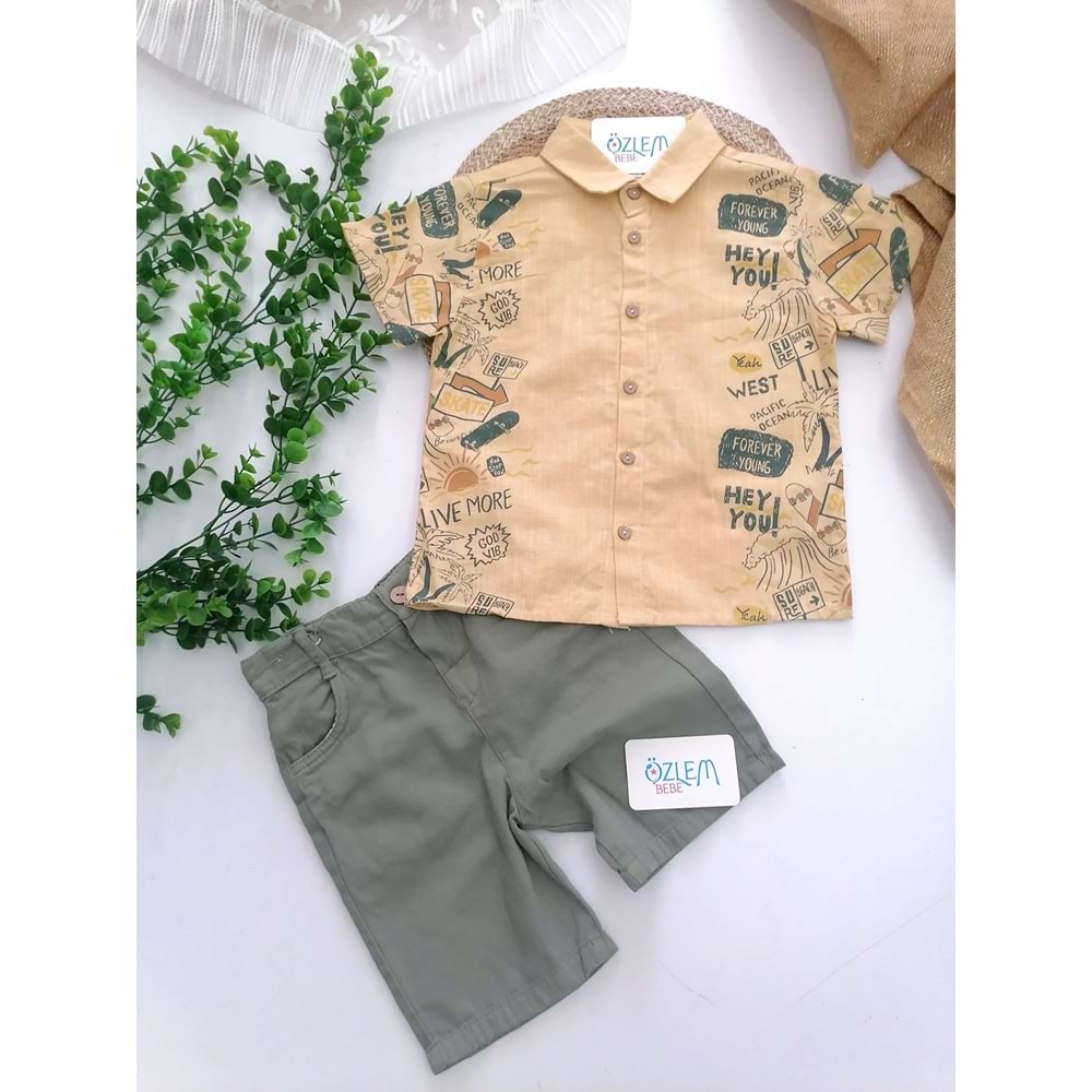 Safari Baskı Keten Gömlek&Şortlu 2'li Takım