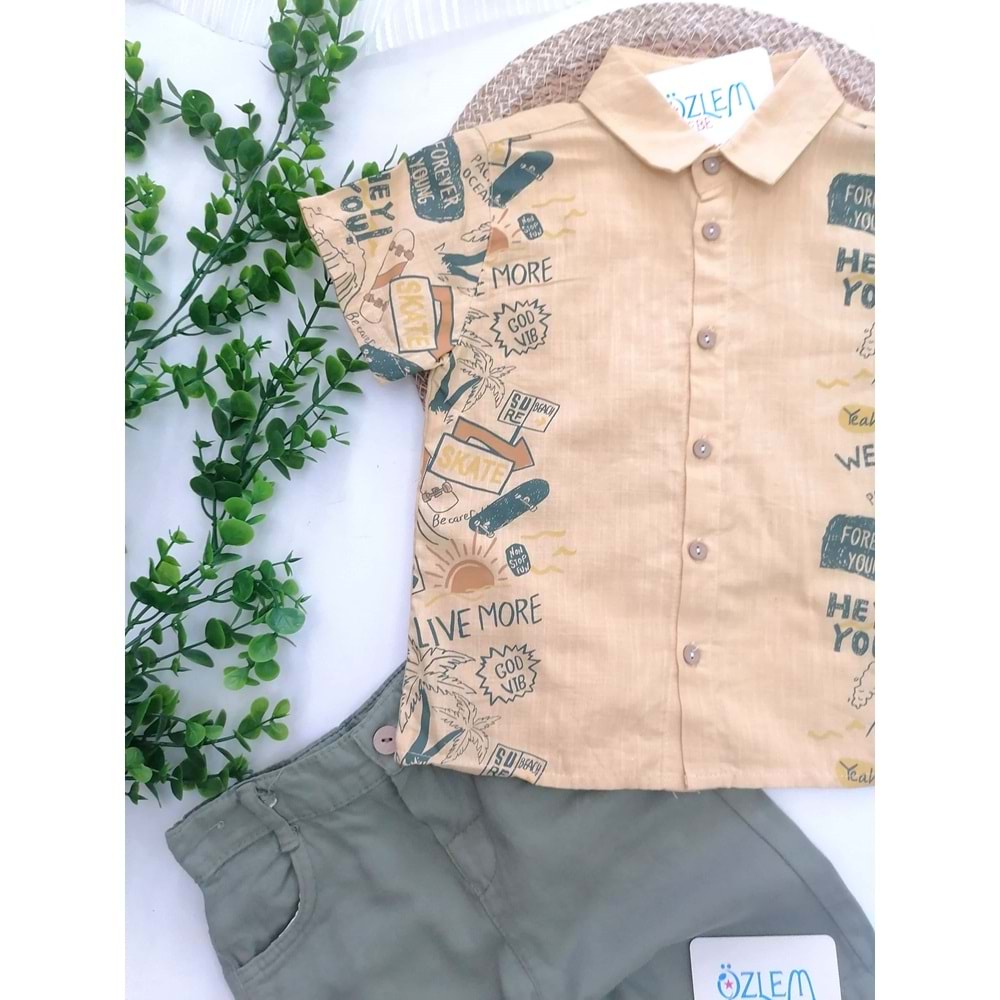 Safari Baskı Keten Gömlek&Şortlu 2'li Takım