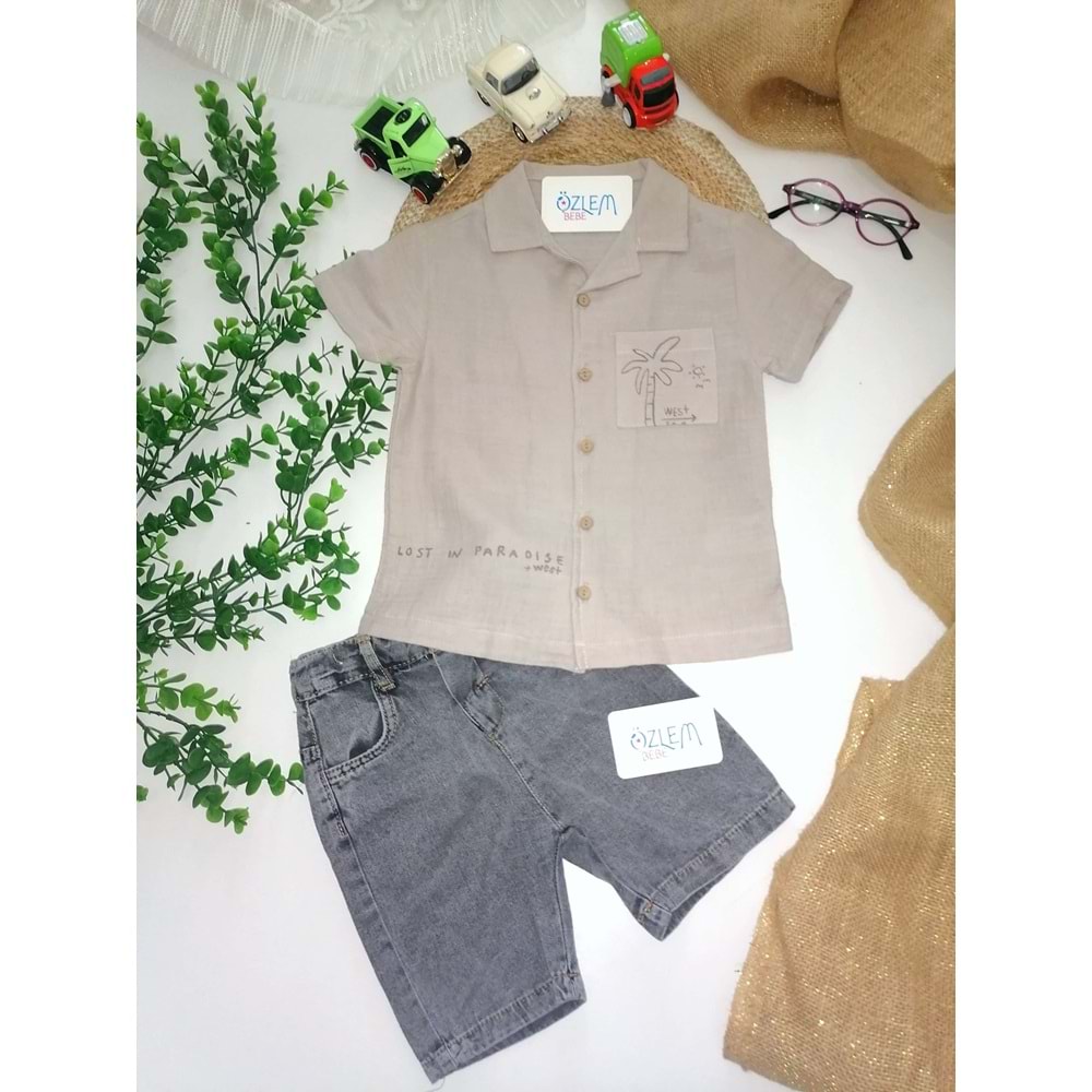 Palmiye Baskı Müslin Gömlek&Şortlu 2'li Takım