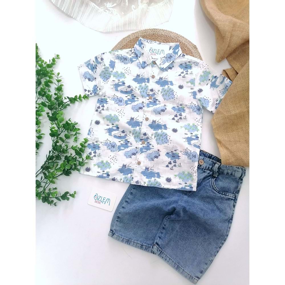 Yelken Baskı Keten Gömlek&Denim&Şortlu 2'li Takım