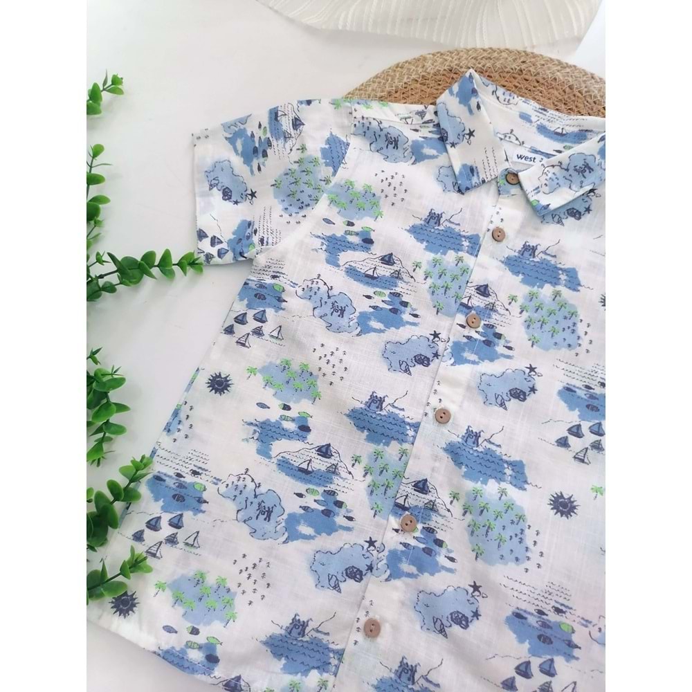 Yelken Baskı Keten Gömlek&Denim&Şortlu 2'li Takım