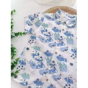 Yelken Baskı Keten Gömlek&Denim&Şortlu 2'li Takım