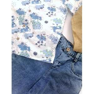 Yelken Baskı Keten Gömlek&Denim&Şortlu 2'li Takım
