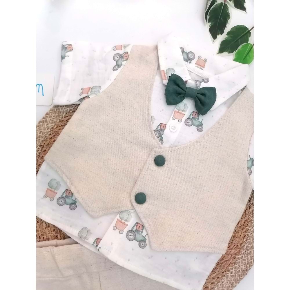 Traktör Desen Cepken Yelekli Müslin 2'li Takım