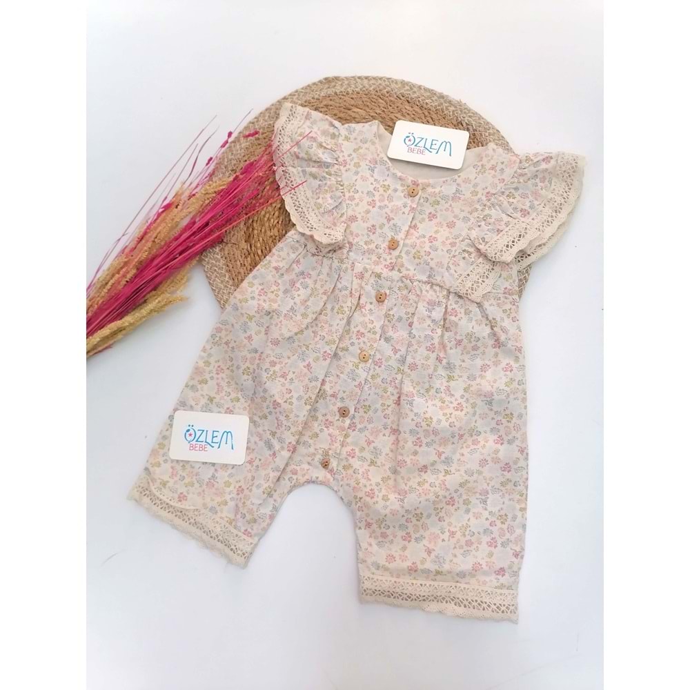 Çiçek Desen Dantelli Keten Elbise Tulum