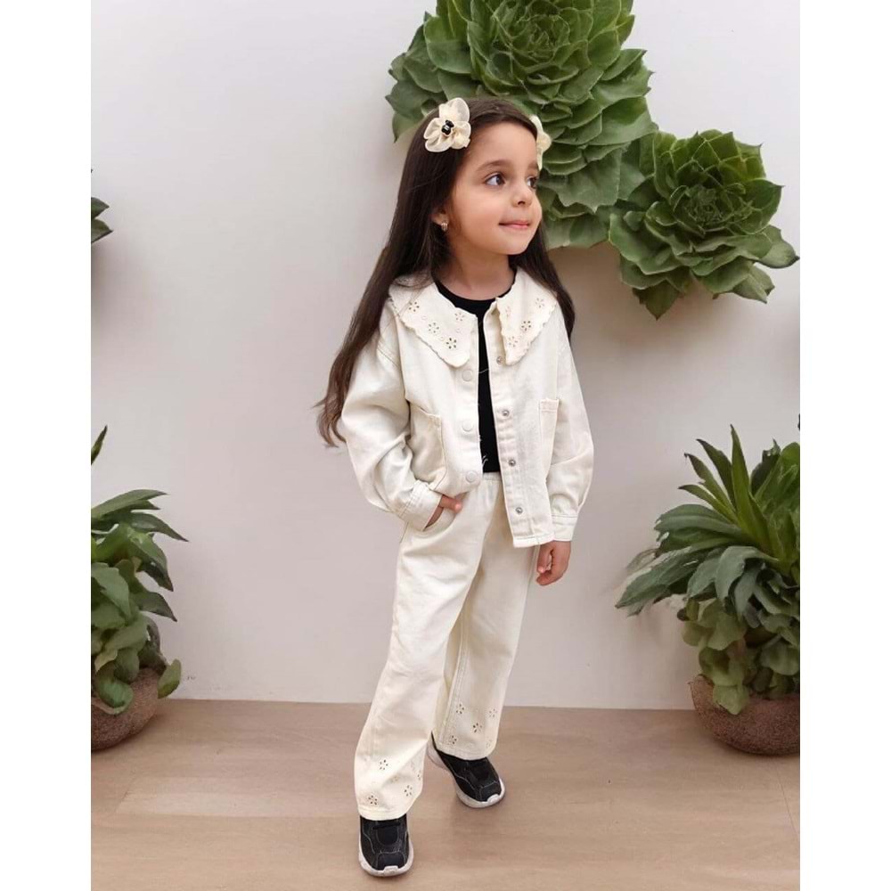 Oyma Yaka Ceketli Denim 2'li Takım