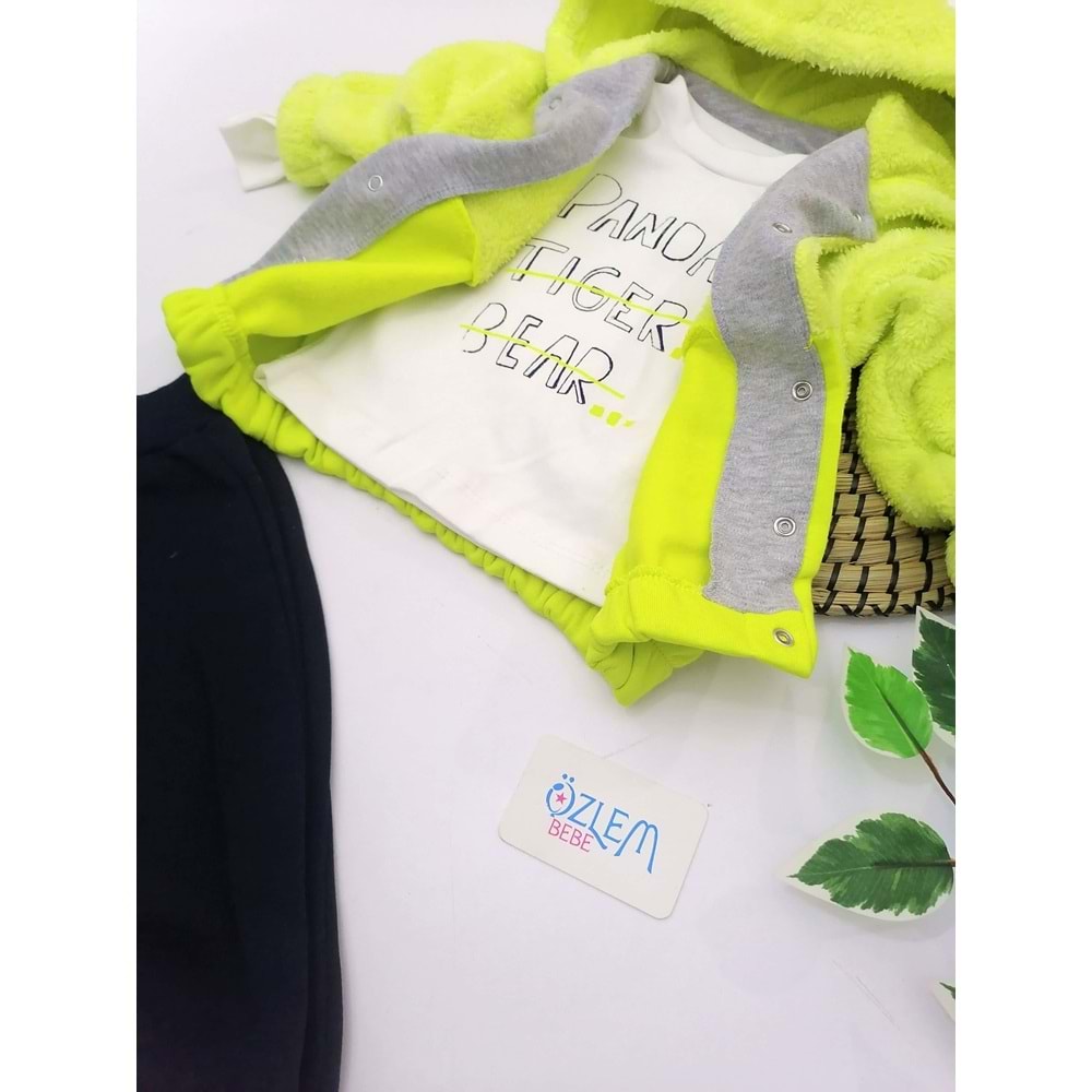 Neon Sarı welsoft kol kapüşon ceketli 3'lü Takım