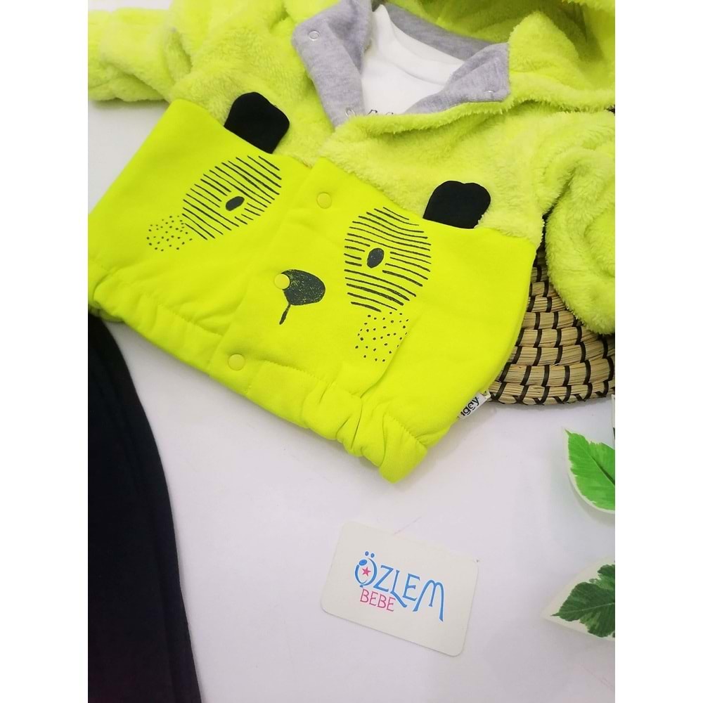 Neon Sarı welsoft kol kapüşon ceketli 3'lü Takım