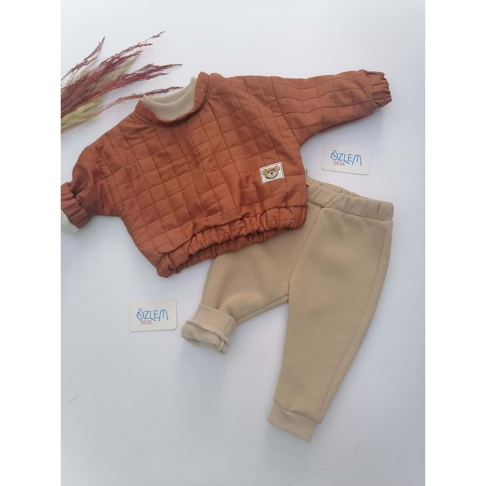 İçi Polarlı Yandan Düğmeli Kapitone Kahverengi 2'li Takım