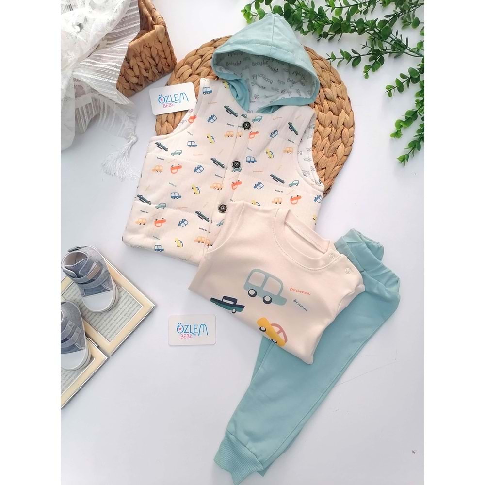 Araba Baskı Yelekli 3'lü Takım