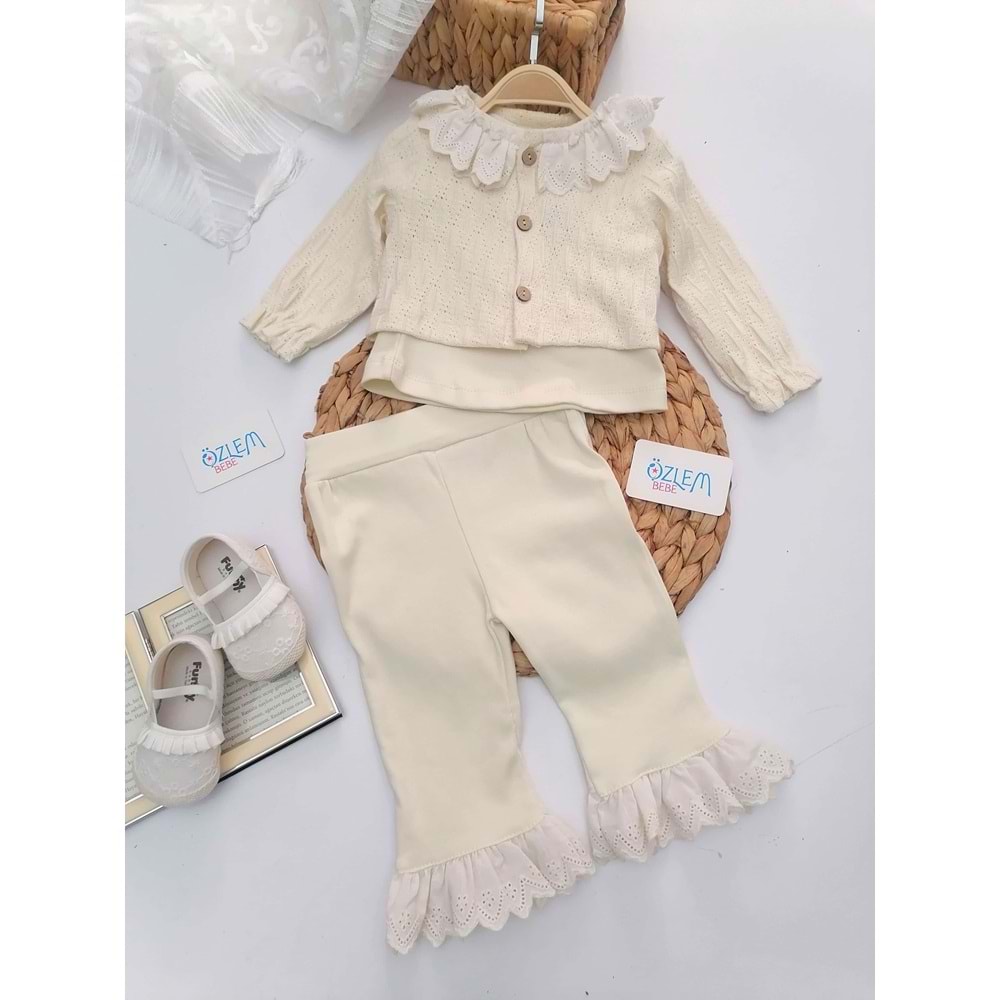 Güpür Yaka Triko Ceketli 3'lü Takım