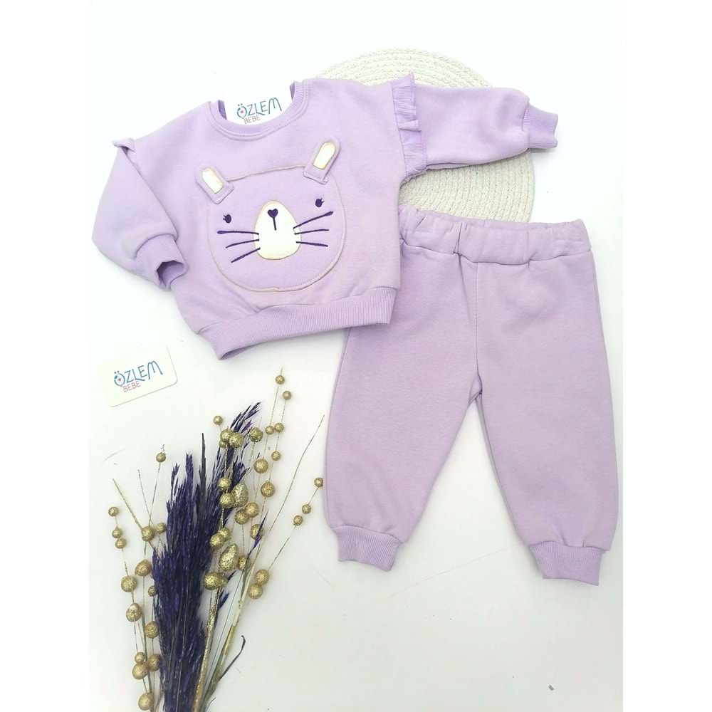 Koca Kedi Figürlü Fıfır Kol 3 İplik Lila 2'li Takım