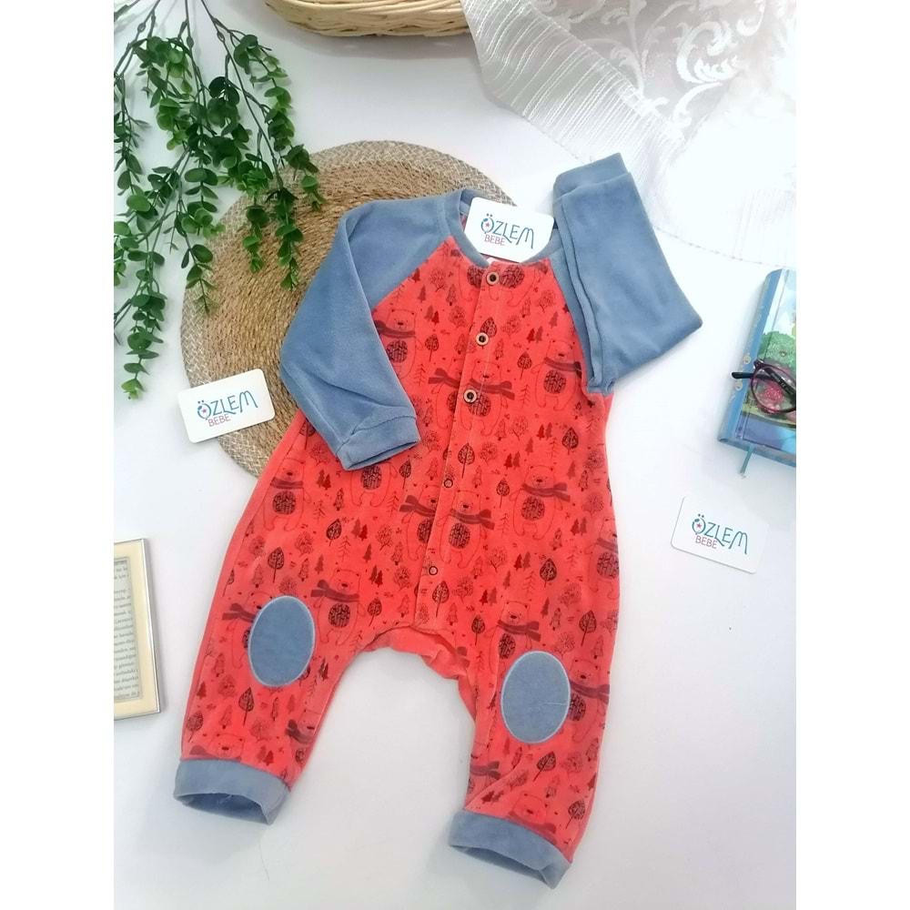 Ayıcık Baskılı Mavi&Tarçın Kadife Tulum