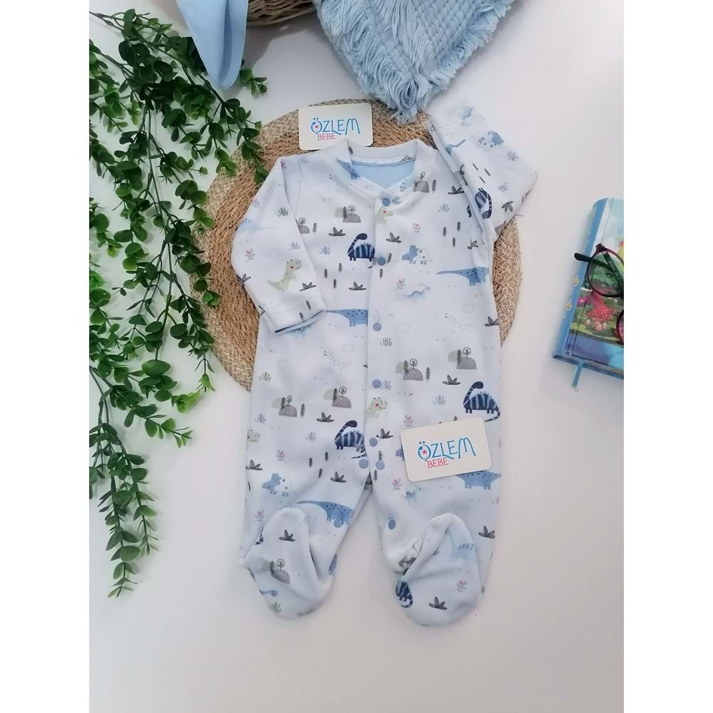 Dinasor Ailesi Ayaklı Mavi Kadife Tulum