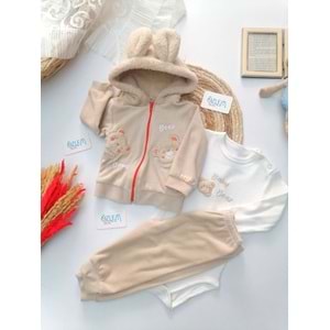 Krem Kadife Ayı Nakışlı Kapüşonlu 3'lü Takım