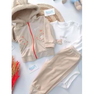 Krem Kadife Ayı Nakışlı Kapüşonlu 3'lü Takım