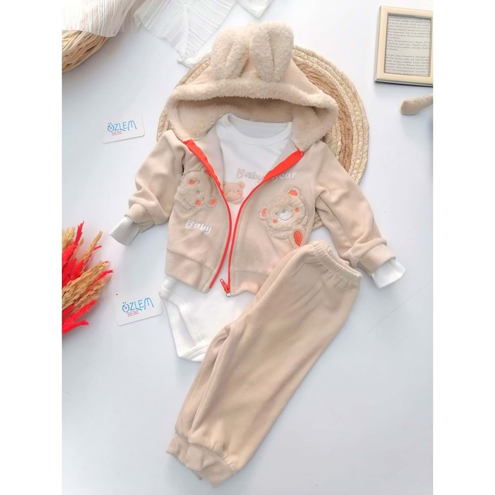 Krem Kadife Ayı Nakışlı Kapüşonlu 3'lü Takım
