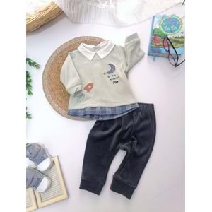 Ay ve Roket Desen Kadife 2li Takım