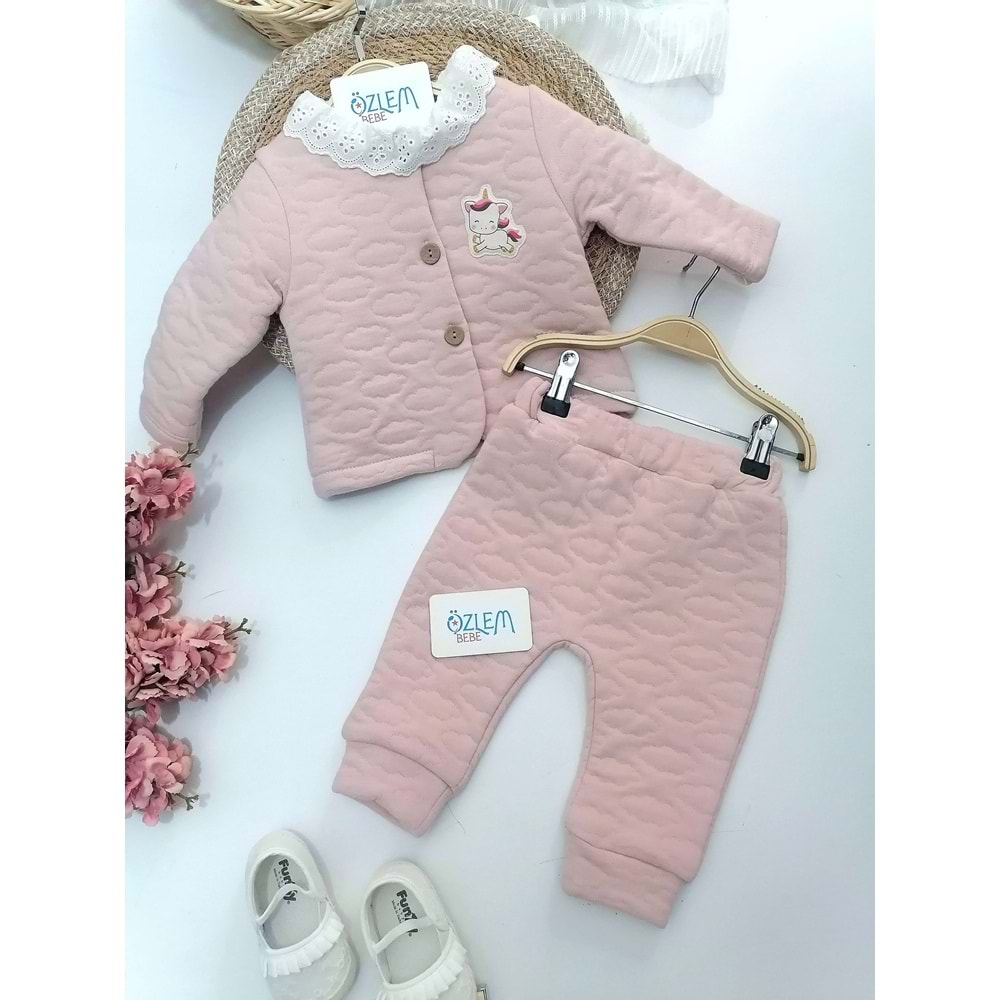 Güpürlü Bebe Yakalı Unicorn Pembe 3lü Takım