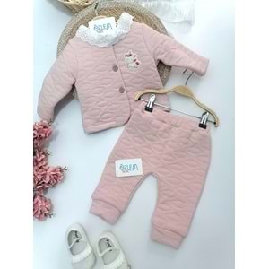 Güpürlü Bebe Yakalı Unicorn Pembe 3lü Takım