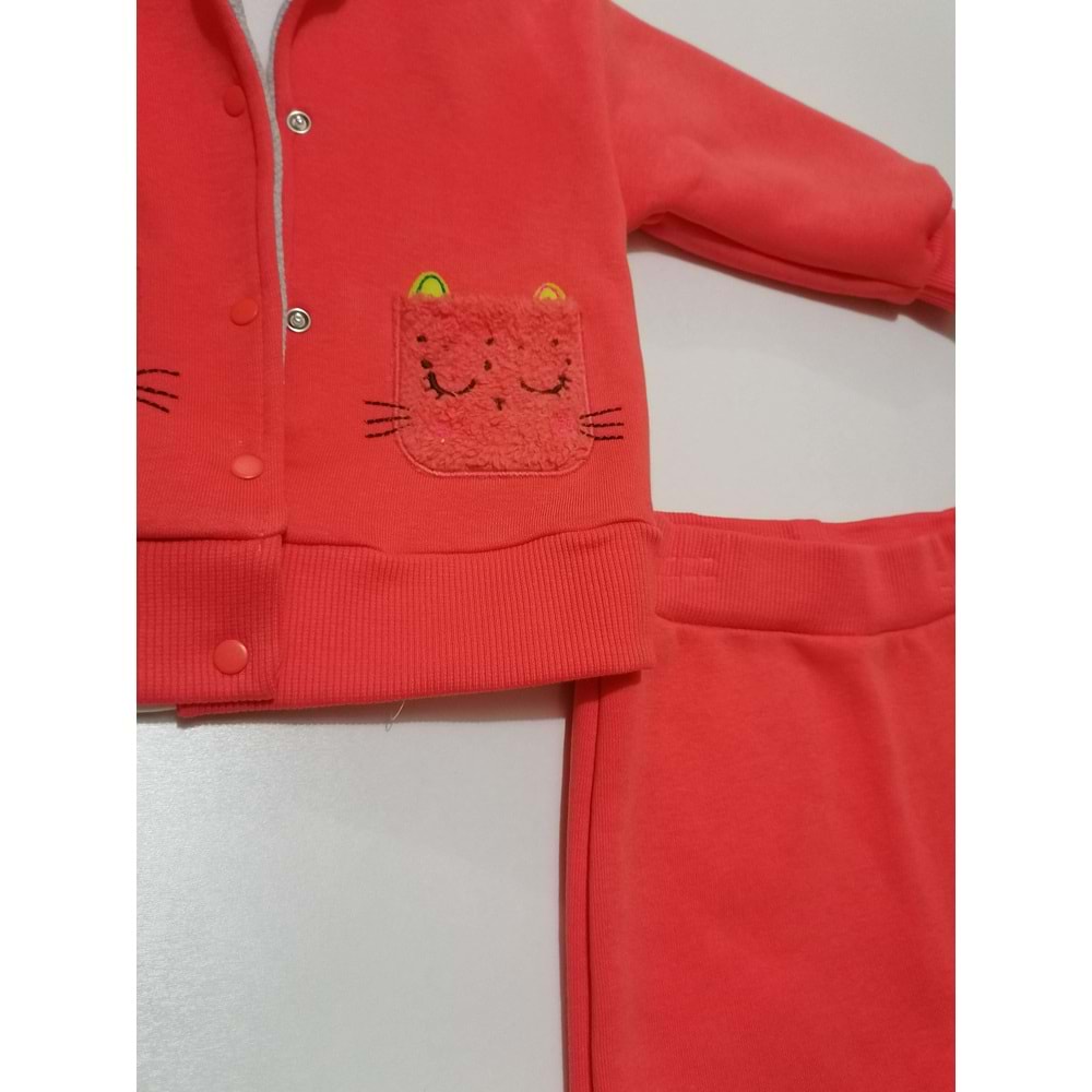 Nar Çiçeği Kedi Figürlü Kapüşonlu Kız Takım