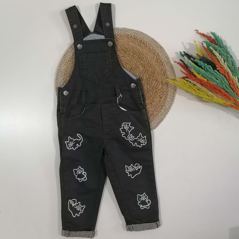 Kedi Figürlü Siyah Salopet