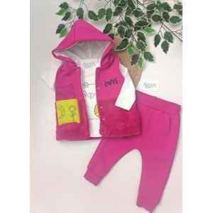 Kedi Figürlü Kapüşon Yelekli Pembe Takım