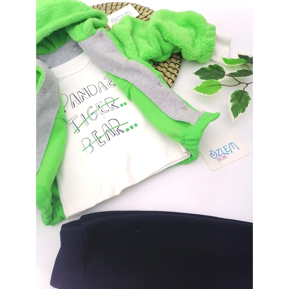 Yeşil Panda Figürlü Kapüşon Ceketli Takım