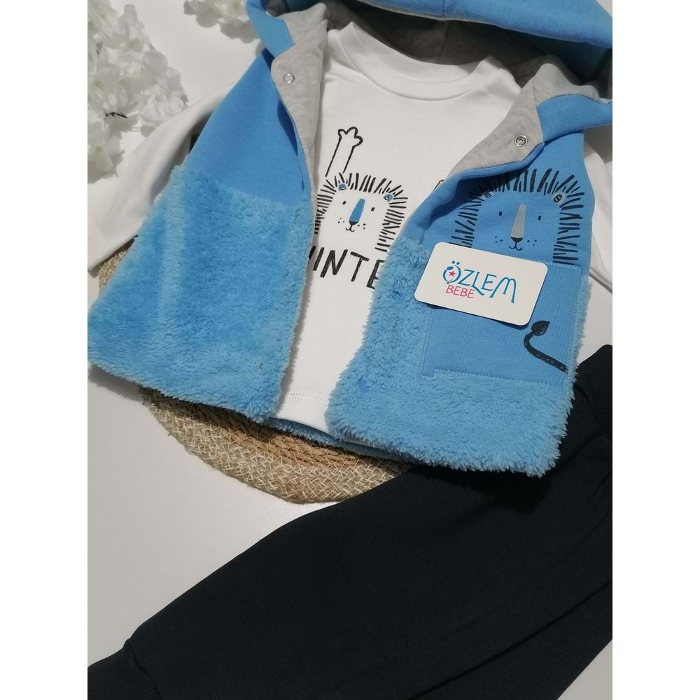 Kedi Figürlü Mavi kapüşon Yelekli Takım