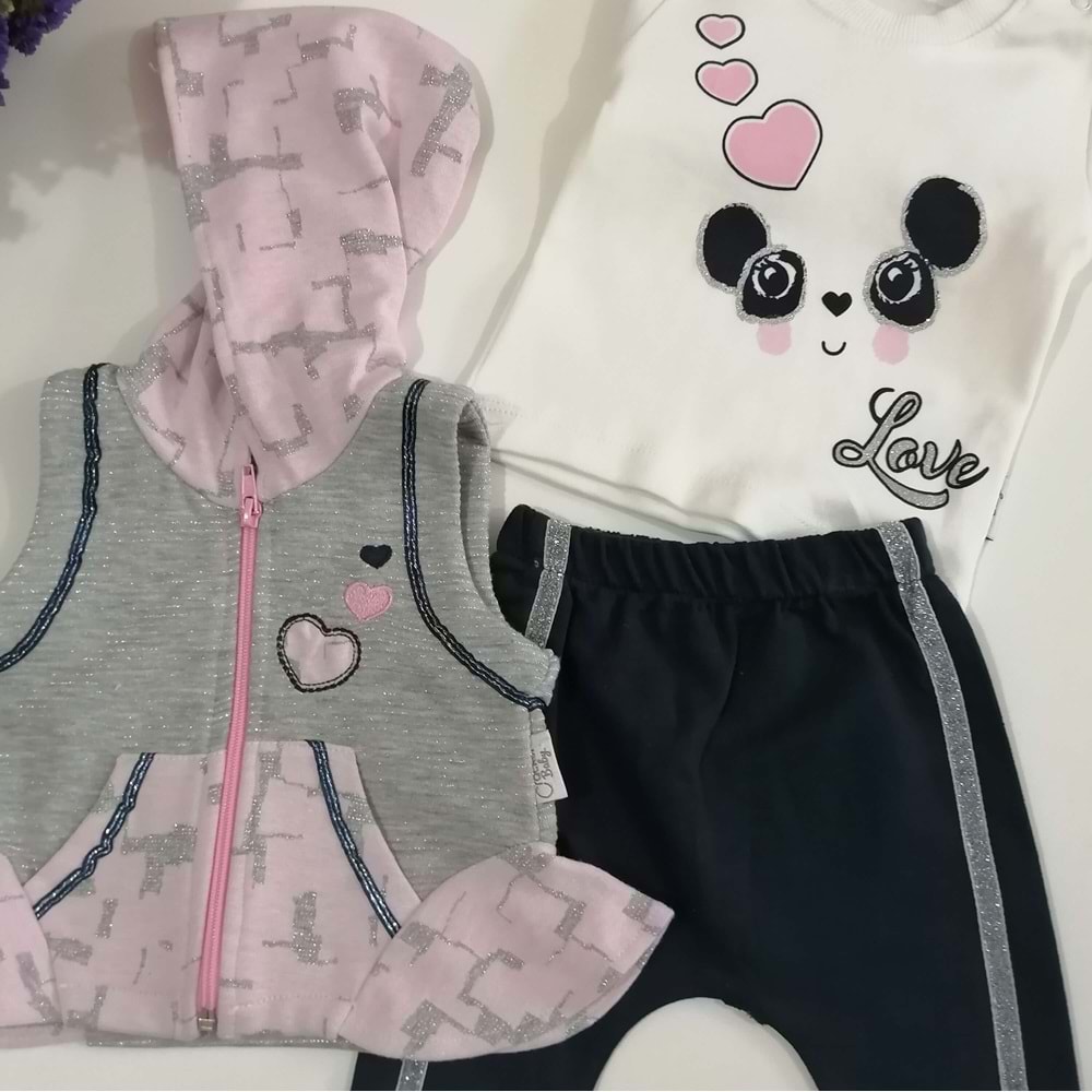 Panda Figürlü Gri Yelekli Kız Takım
