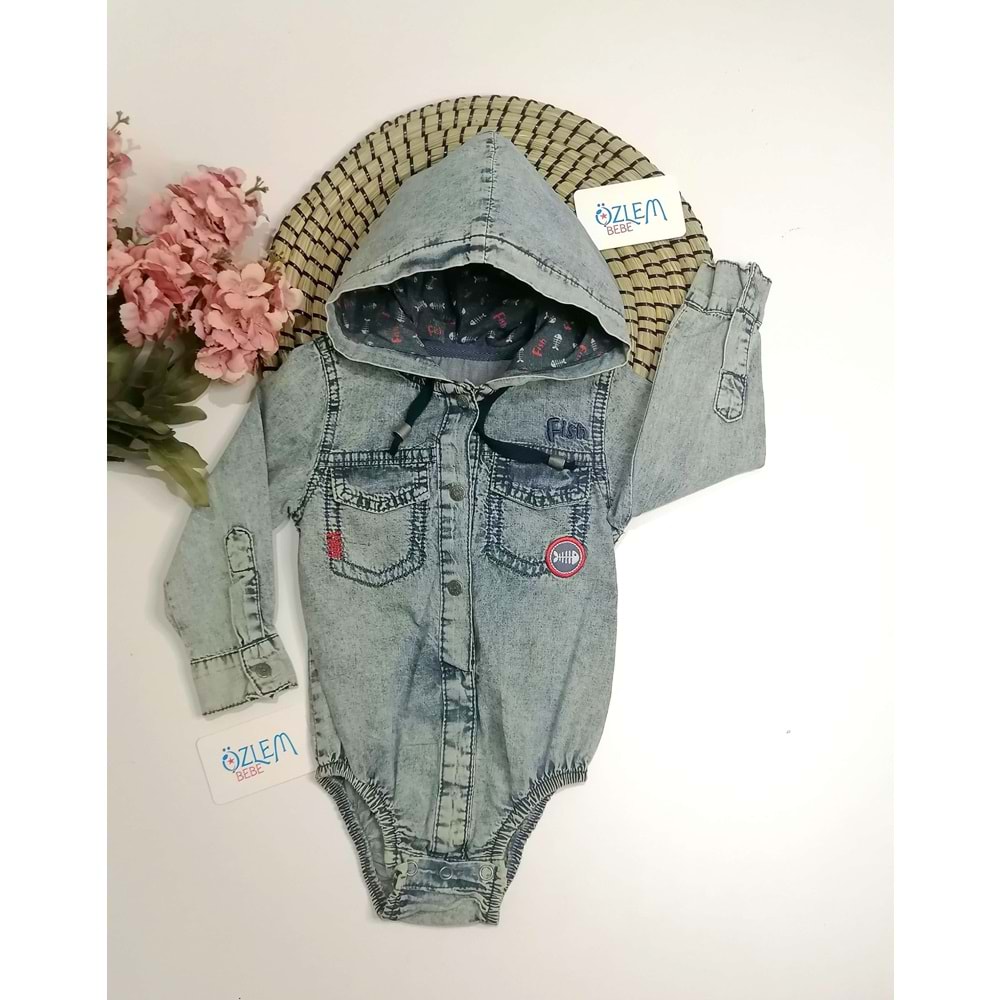 Kırmızı Balık Kapüşonlu Denim Tulum