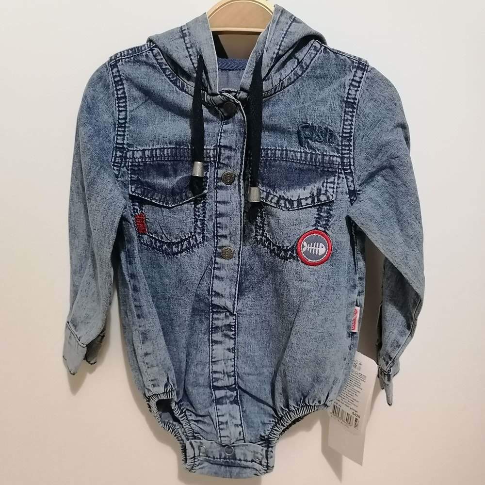 Kırmızı Balık Kapüşonlu Denim Tulum
