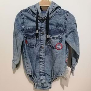 Kırmızı Balık Kapüşonlu Denim Tulum
