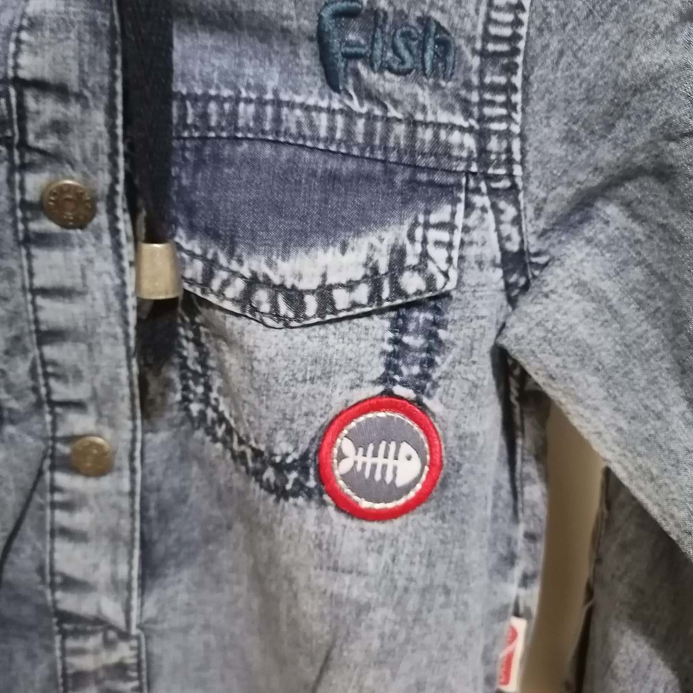 Kırmızı Balık Kapüşonlu Denim Tulum