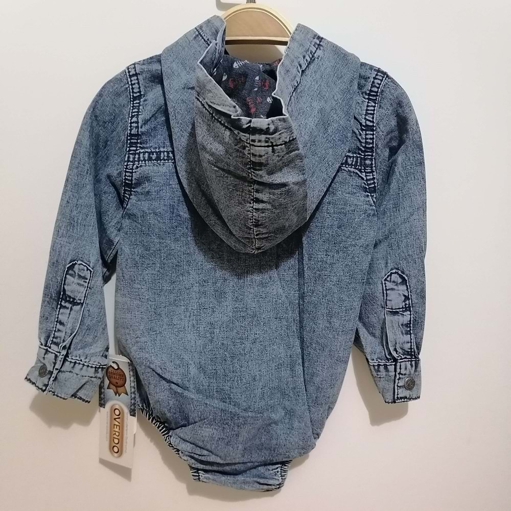 Kırmızı Balık Kapüşonlu Denim Tulum