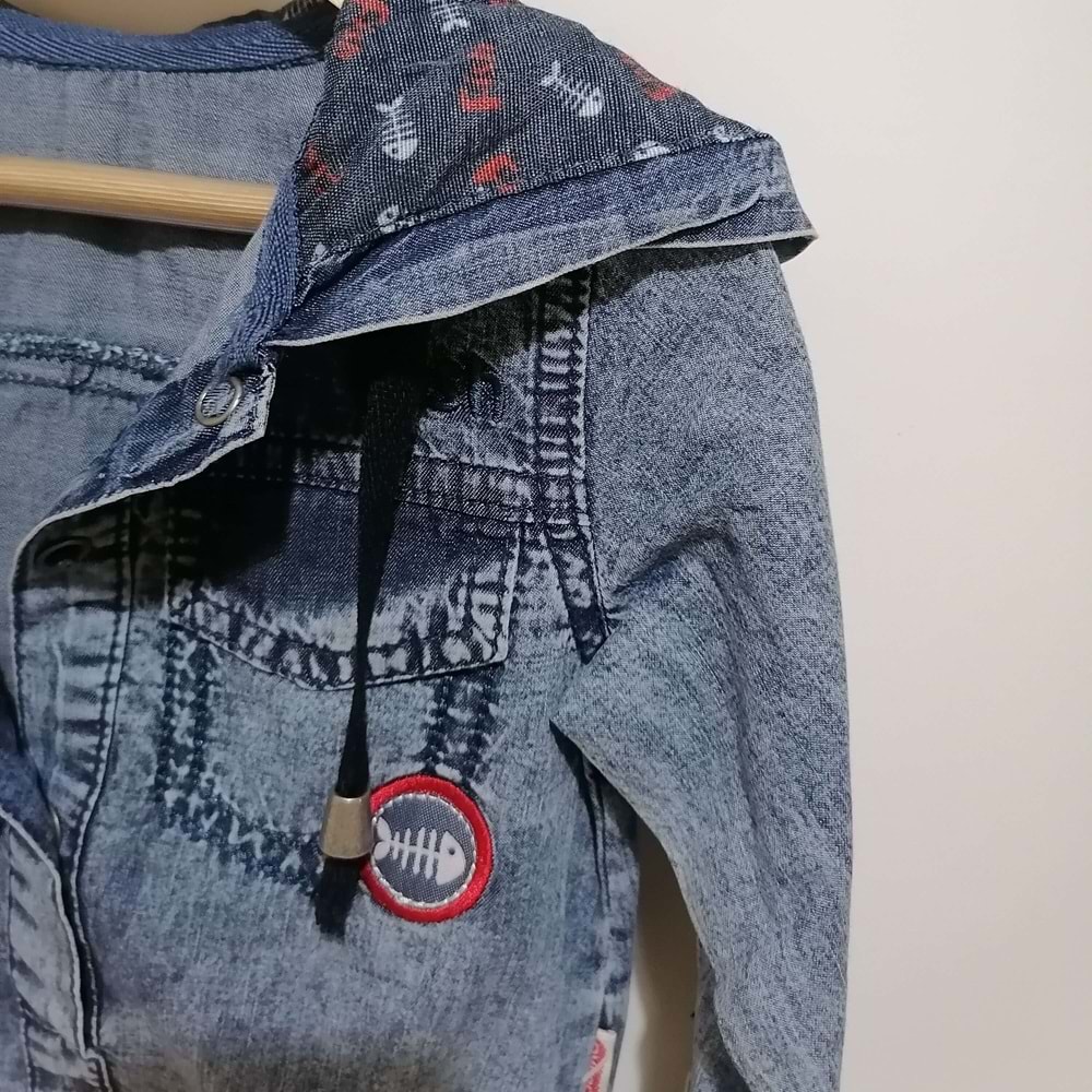 Kırmızı Balık Kapüşonlu Denim Tulum