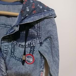 Kırmızı Balık Kapüşonlu Denim Tulum