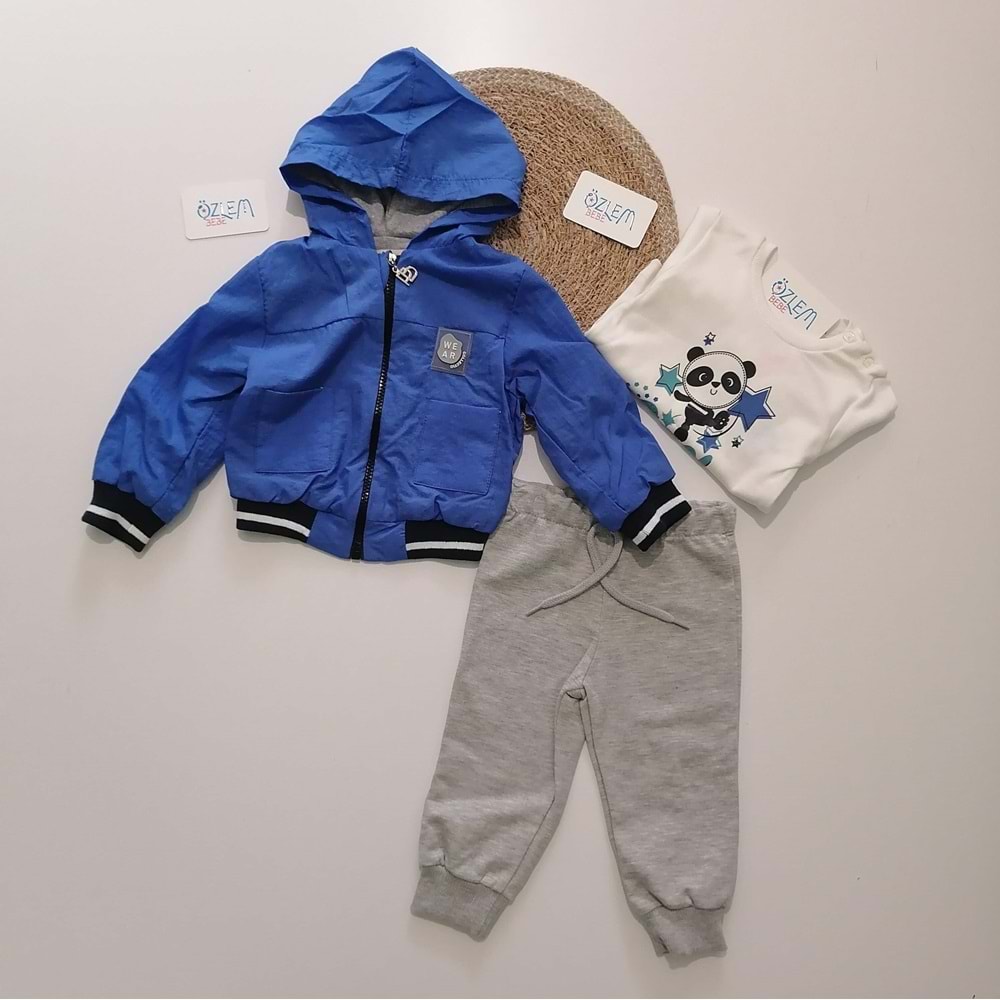 Sevimli Panda Mavi Ceketli 3'lü Takım