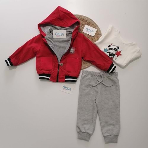 Sevimli Panda Kırmızı Ceketli 3'lü Takım